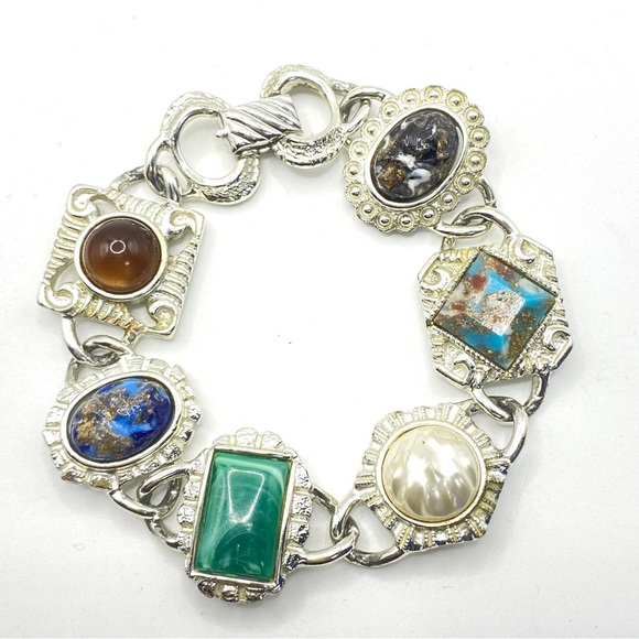 SARAH COVENTRY Faux Gemstone Cabachon Silver Tone Chunky Vintage Bracelet - Picture 8 of 9